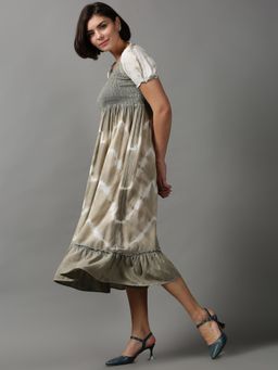 SHOWOFF - Womens Round Neck Tie And Dye Beige Midi Dress