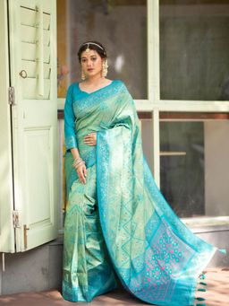 Odette - Blue Woven Patola Silk Saree with Unstitched Blouse