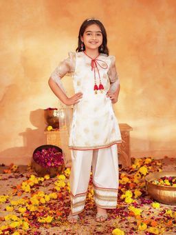 PSPeaches - Girls Off White Printed Kurta With Salwar & Dupatta