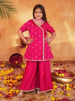 PSPeaches - Girls Magenta Embroidered Angrakha Kurta With Sharara & Dupatta