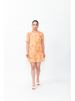 Contemponari - Orange Tie & Dye Chiffon Shirt Mini Dress with Inner