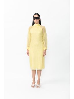 Contemponari - Yellow High Neck Tie-Up Chiffon Dress
