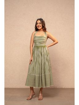 DEASHA INDIA - Avira Green Striped Halter Neck A-Line Midi Dress