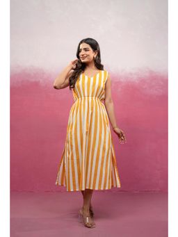 DEASHA INDIA - Diti Yellow Striped Cinched Waist A-Line Dress