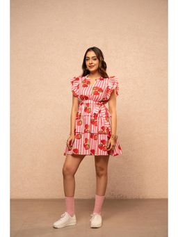DEASHA INDIA - Rose Pink Printed Ruffle Short Dress with Belt