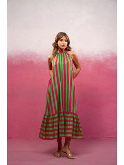 DEASHA INDIA - Via Red-Green Striped A-Line Dress