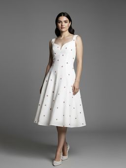 ROSA DAME - White Floral Embroidered Sleeveless A-Line Midi Dress