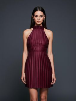 ROSA DAME - Burgundy Pleated Satin Halter Neck Tie Back A-Line Mini Dress