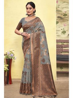 Sangam Prints - Grey Cotton Woven Zari Work Traditional Tassel Saree with Unstitched Blouse