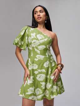 RSVP by Nykaa Fashion - Green Floral One Shoulder Fit And Flare Balloon Sleeve Mini Dress