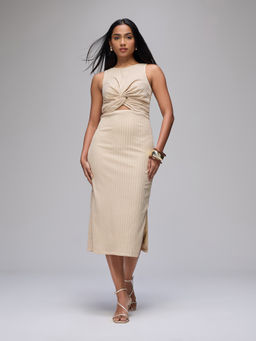 RSVP by Nykaa Fashion - Beige Textured Sleeveless Knot Cut Out Detail Side Slit Midi Dress
