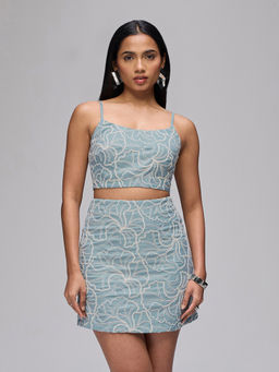 RSVP by Nykaa Fashion - Light Blue Embroidered Strappy Crop Top with Mini Skirt Co Ord Set