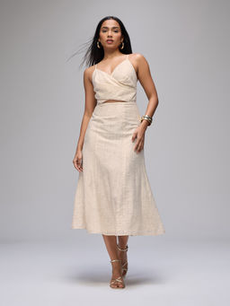 RSVP by Nykaa Fashion - Beige Shoulder Strap Trim Detail Cut Out Striped Wrap Midi Dress