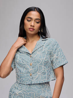 RSVP by Nykaa Fashion - Blue Embroidered Lapel Collar Half Sleeves Boxy Fit Crop Shirt