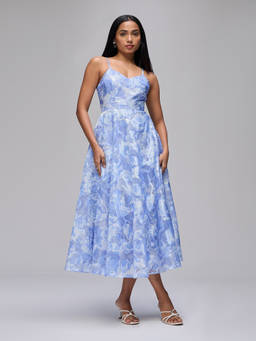 RSVP by Nykaa Fashion - Blue Jacquard Strappy Fit And Flare Floral Detail Midi Dress