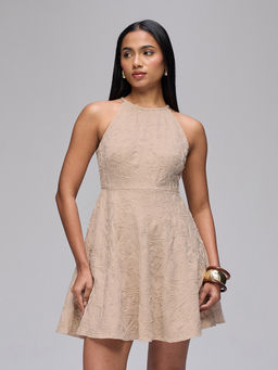 RSVP by Nykaa Fashion - Beige Embroidered Round Neck Fit And Flare Mini Dress
