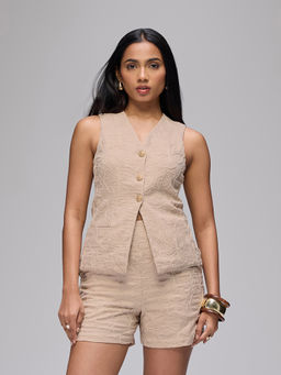 RSVP by Nykaa Fashion - Beige Embroidered V-Neck Sleeveless Waistcoat With Shorts Co-Ord Set