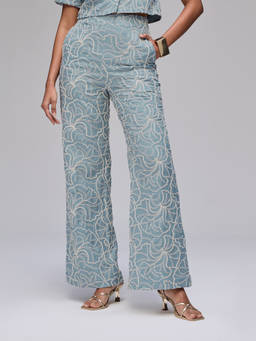 RSVP by Nykaa Fashion - Blue Embroidered High Waisted Straight Fit Pants With Side Pockets
