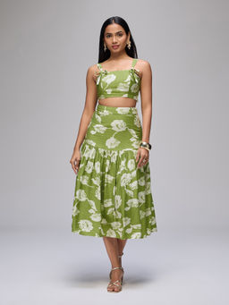 RSVP by Nykaa Fashion - Green Floral Printed Strappy Crop Top and Tiered Midi Skirt Co-Ord Set