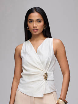 RSVP by Nykaa Fashion - Off White Rayon V-Neck Sleeveless Mock Wrap Trim Detail Regular Top