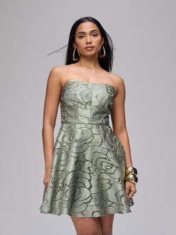 RSVP by Nykaa Fashion - Green Floral Jacquard Tube Neck Fit and Flare Panelled Mini Dress