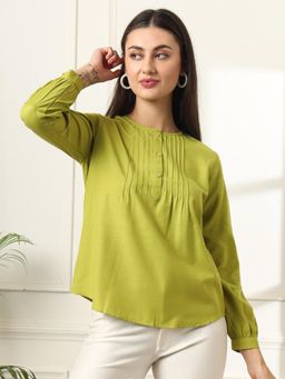 FITHUB - Womens Solid Design Pleated Round Neck Top
