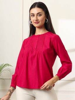 FITHUB - Womens Solid Design Pleated Round Neck Top