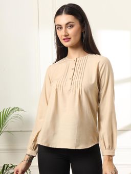 FITHUB - Womens Solid Design Pleated Round Neck Top