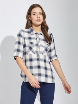 Latin Quarters - Women Blue Half Sleeves Checked Casual Top