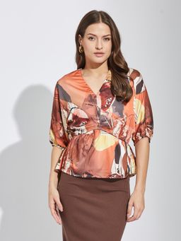Latin Quarters - Women Orange Half Sleeves Printed Party Top