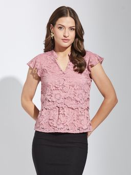 Latin Quarters - Women Pink Half Sleeves Self Design Casual Top
