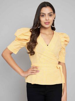 AMAGYAA - Leg of Mutton sleeves Yellow Striped Wrap Top