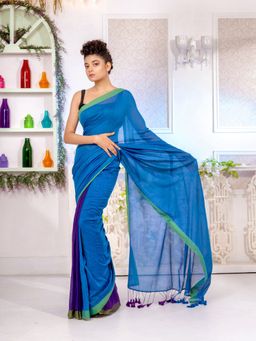 CHARUKRITI - Blue And Violet Pure Cotton Half Handwoven Soft Saree with Unstitched Blouse