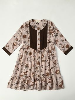 Bella Moda - Girls Fit and Flair Brown Floral Full Sleeve Casual Wear Dress