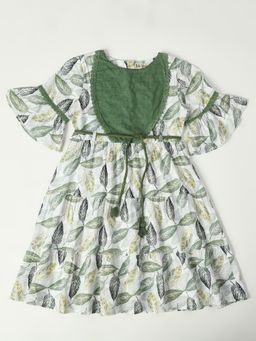 Bella Moda - Girls Fit and Flair White Printed Bell Sleeves Casual Wear Dress