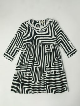 Bella Moda - Girls Fit and Flair Black Printed Full Sleeve Casual Wear Dress