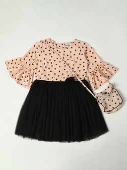 Bella Moda - Girls Peach Polka Dots Bell Sleeves Casual Wear Dress (Set of 2)