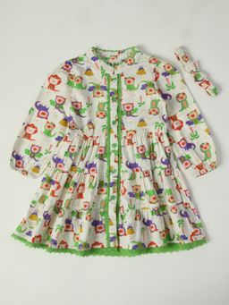 Bella Moda - Girls Fit and Flair Green Printed Full Sleeve Casual Wear Dress (Set of 2)