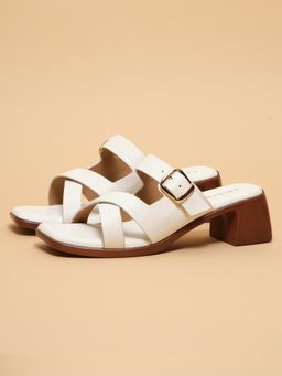ERIDANI - Women Magnolia White Buckle Detail Block Heel Sandals