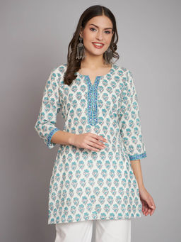 Rangmayee - Women Cotton White Ethnic Buti Printed Short Kurti