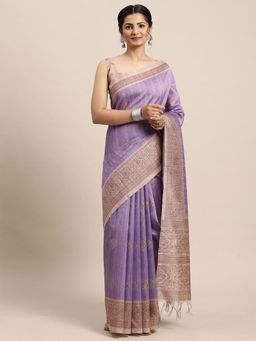 Odette - Womens Silk Blend Lavender Printed Designer Saree with Unstitched Blouse