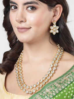NVR - Womens Gold Plated Kundan 2 Layered Handcrafted Jewellery with Drop Earrings