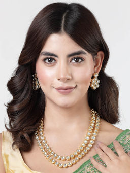 NVR - Womens Gold Plated Kundan 2 Layered Handcrafted Jewellery with Drop Earrings