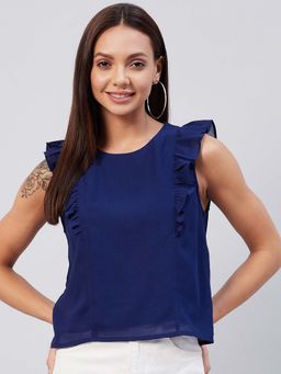 Carlton London - Women Casual Blue Ruffles Georgette Top