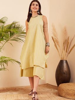 InWeave - Light Yellow Lurex Kantha Round Neck Kurta with Palazzo (Set of 2)