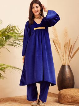 InWeave - Royal Blue V Neck Asymmetrical Pleated Velvet Kurta with Pant (Set of 2)