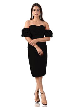 Attic Salt - Black Solid Squash Balloon Sleeve Dress