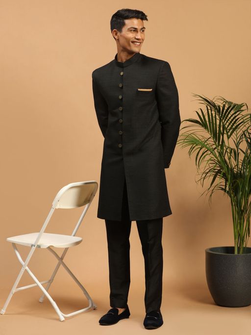 Vastramay Men Black Silk Blend Sherwani (Set of 2)