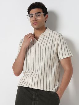 R&B - Men Cream Collar Neck Half Sleeves Polo T-Shirt