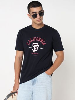 R&B - Men Navy Blue Crew Neck Half Sleeves T-Shirt